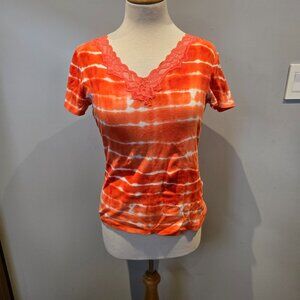 Jones Studio Lace Trim Tie-Dye Tee | Size Small | Orange